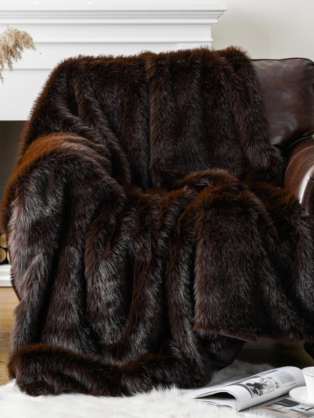 Luxury Fluffy Brown Faux Fur Throw Blanket, Cozy Warm Fur Blanket for Couch, Sof - Picture 8 of 10